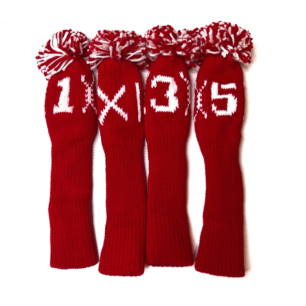 Vintage Never Used Hand Knit Crochet Pom Pom Golf Club Wood Covers Set o…